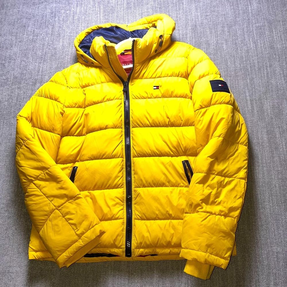Tommy Hilfiger Mens Puffer Jacket Yellow Down Hooded Thermal Water Resistant L